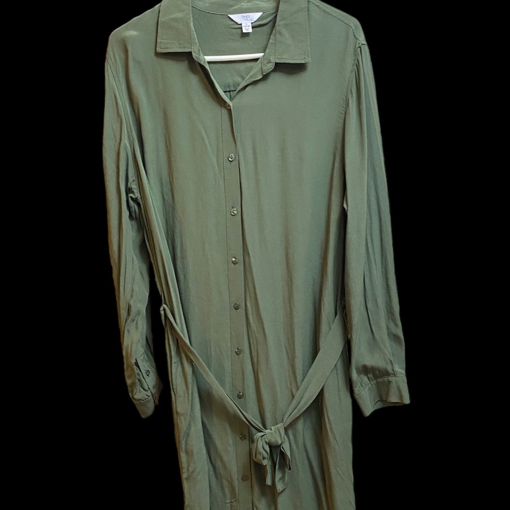 NWOT TIME and TRU Olive Army Green Button Up Waist Tie Long Sleeve Shirt Dress